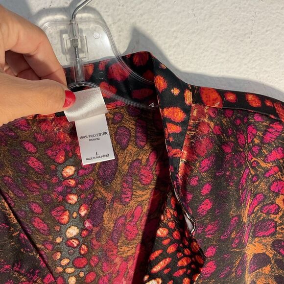 Natori Ladies Blouse Large Red Orange Satin Animal Print Tunic Oversized Relaxed - Picture 4 of 11